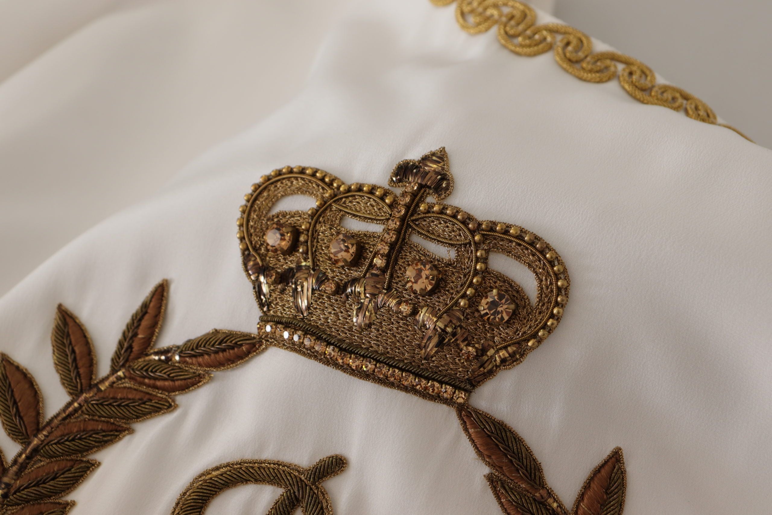 White Silk Gold DG Crown Crystal Blouse Top - ventzia