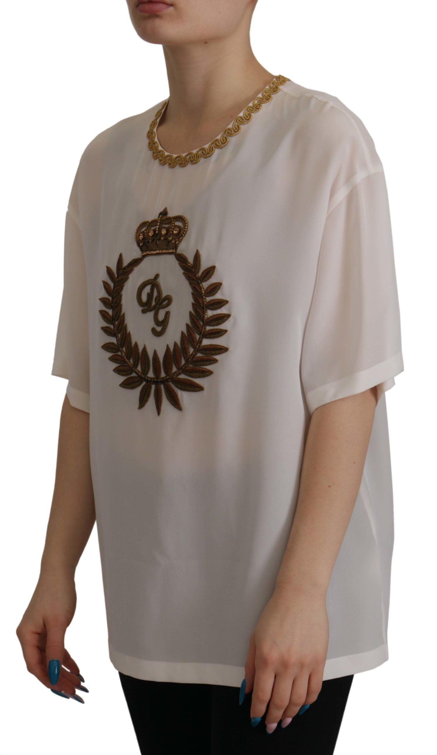 White Silk Gold DG Crown Crystal Blouse Top - ventzia