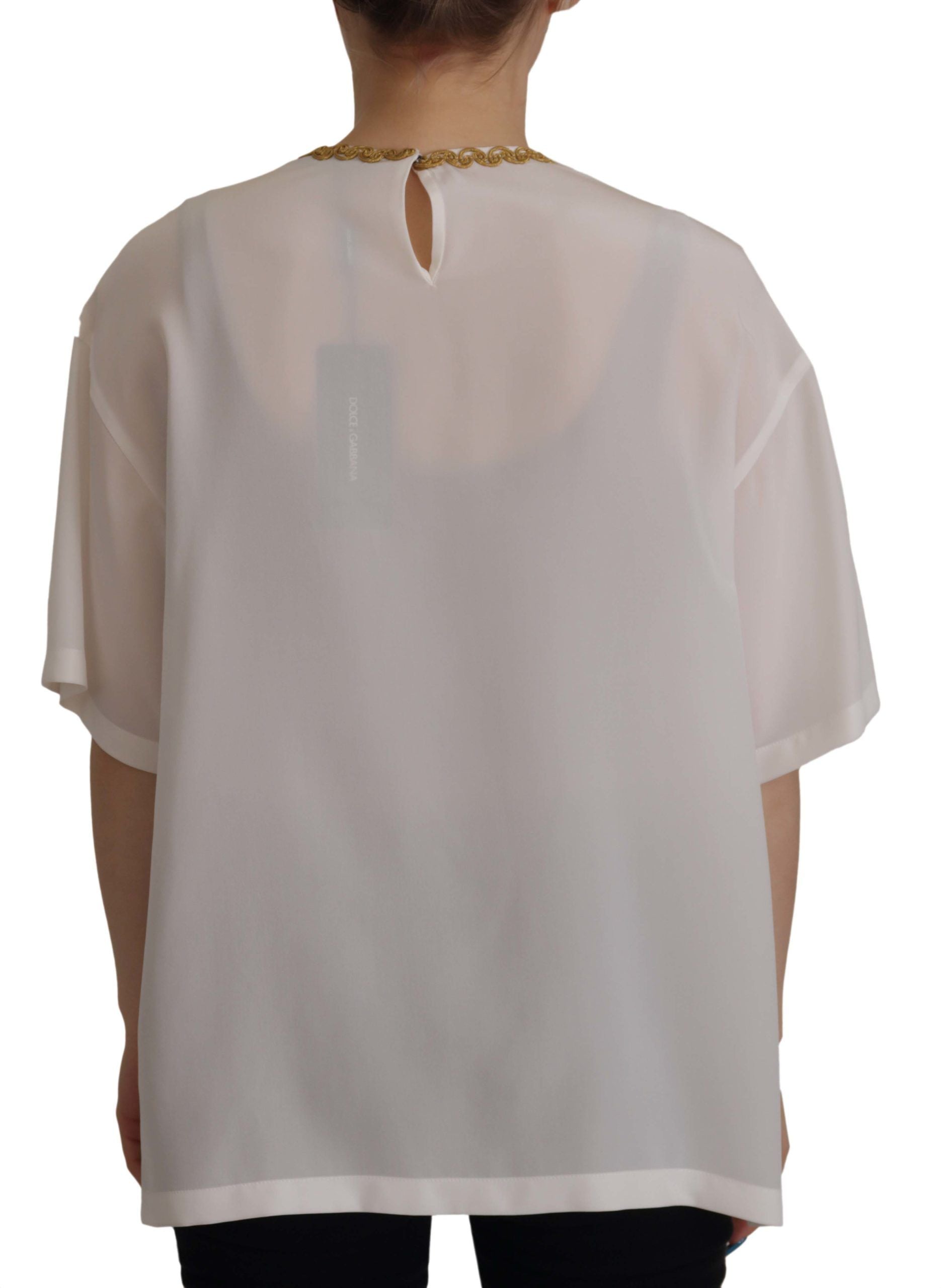 White Silk Gold DG Crown Crystal Blouse Top - ventzia