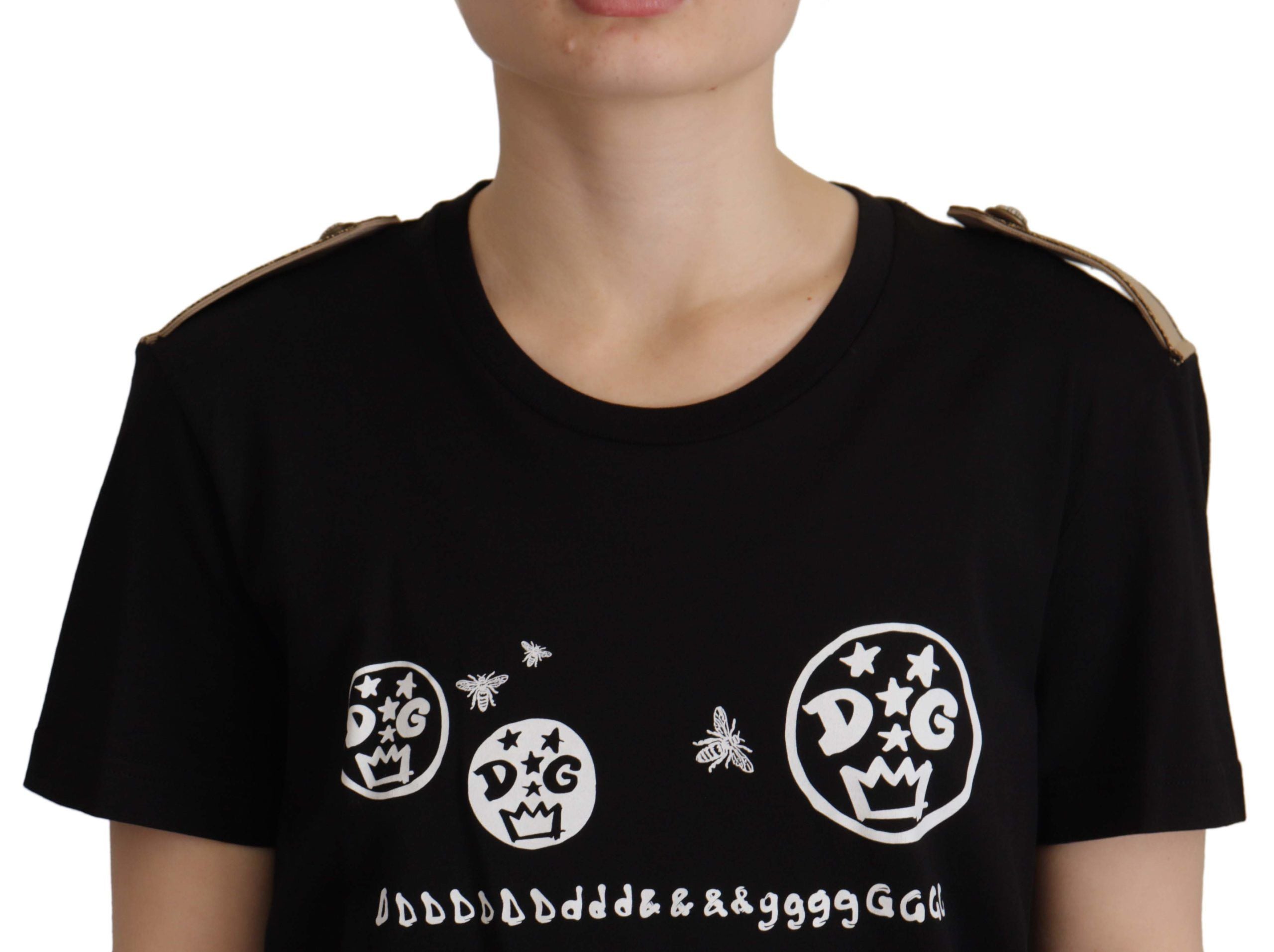 Black Logo Motive Crewneck Cotton T-shirt - ventzia