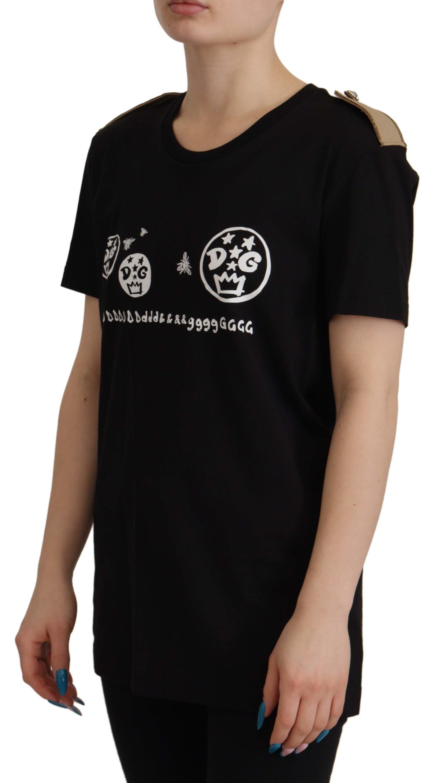 Black Logo Motive Crewneck Cotton T-shirt - ventzia