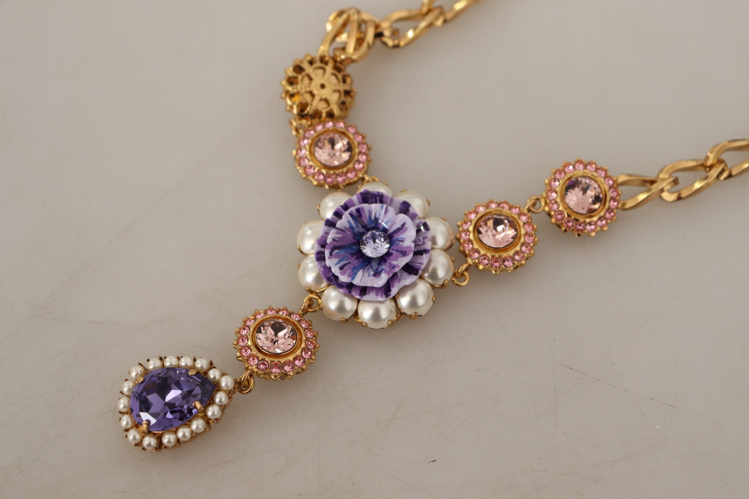 Gold Brass Crystal Purple Pink Pearl Pendants Necklace - ventzia