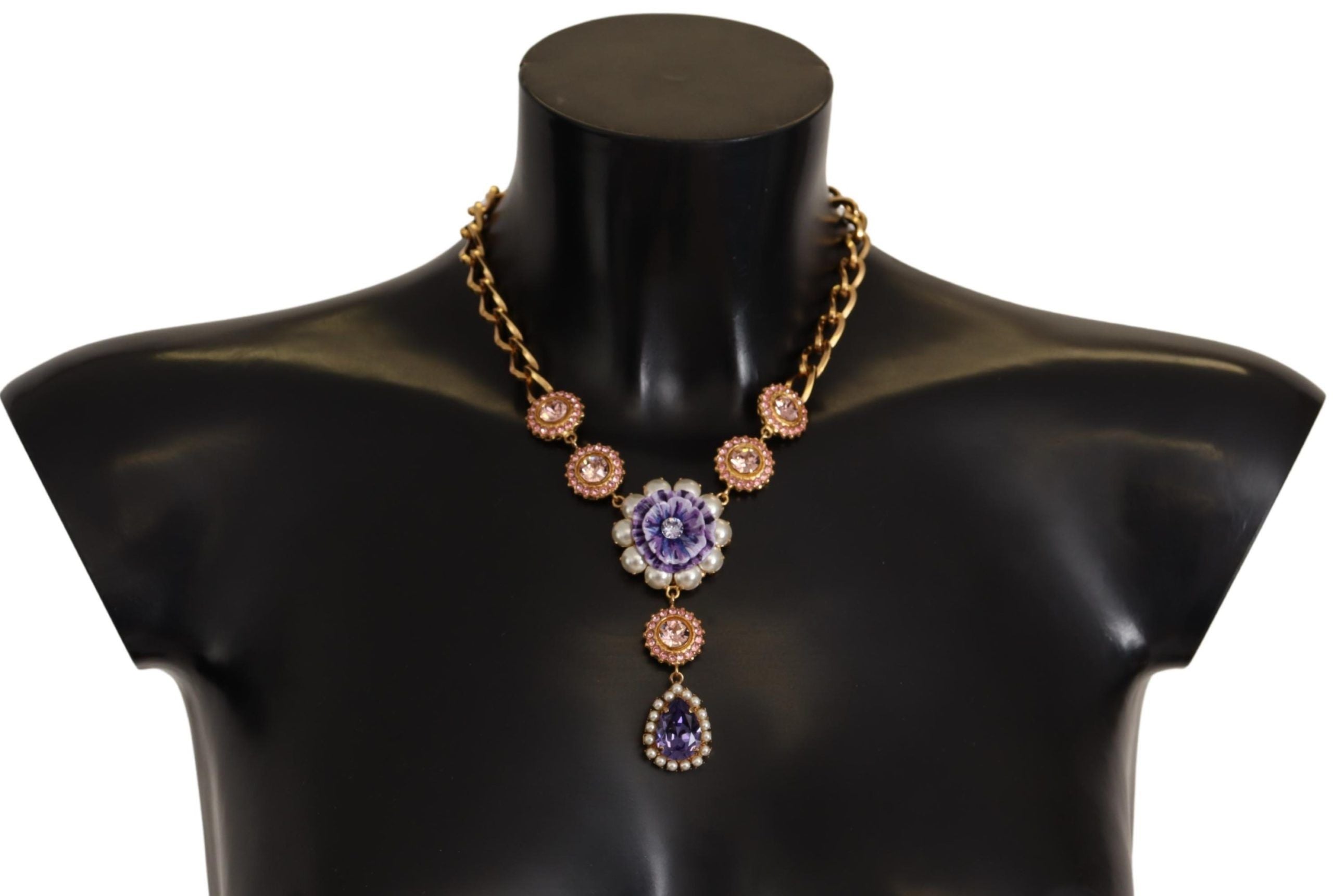 Gold Brass Crystal Purple Pink Pearl Pendants Necklace - ventzia