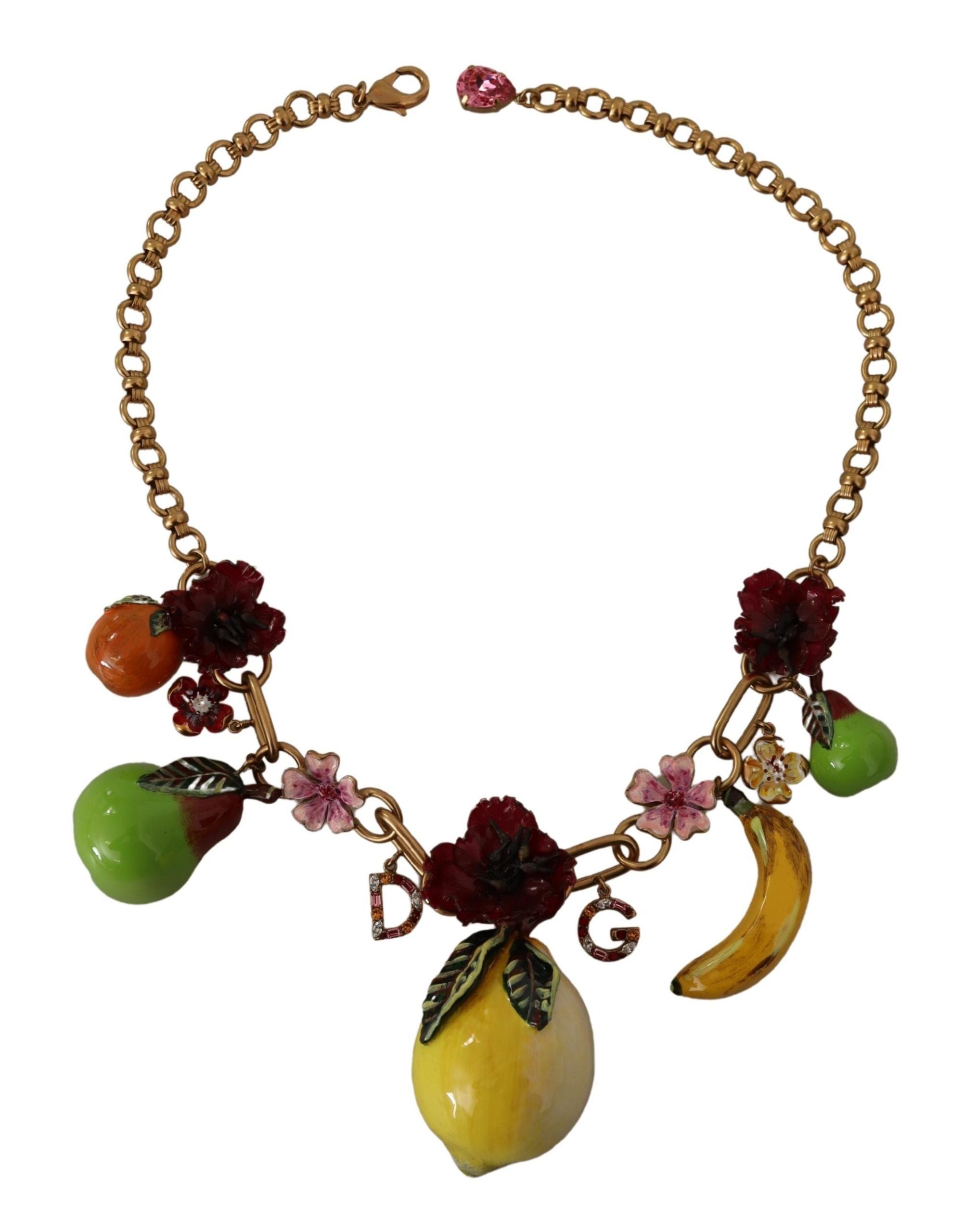 Gold Brass Sicily Fruits Roses Statement Necklace - ventzia
