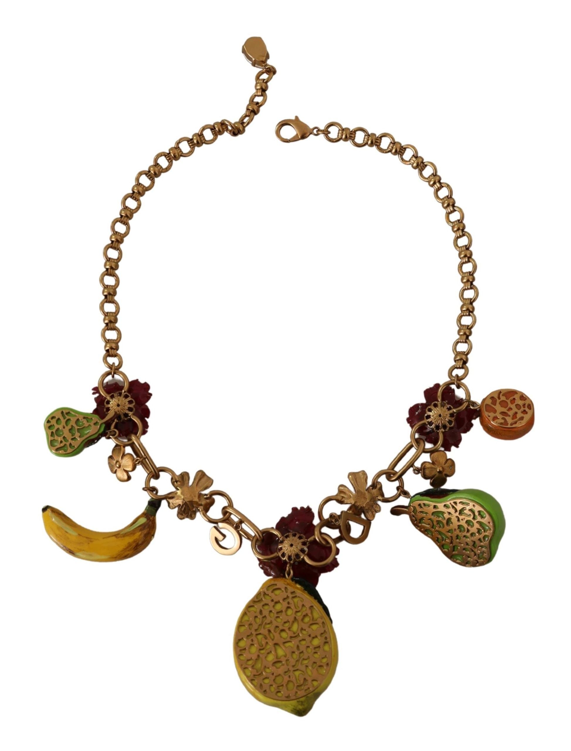 Gold Brass Sicily Fruits Roses Statement Necklace - ventzia