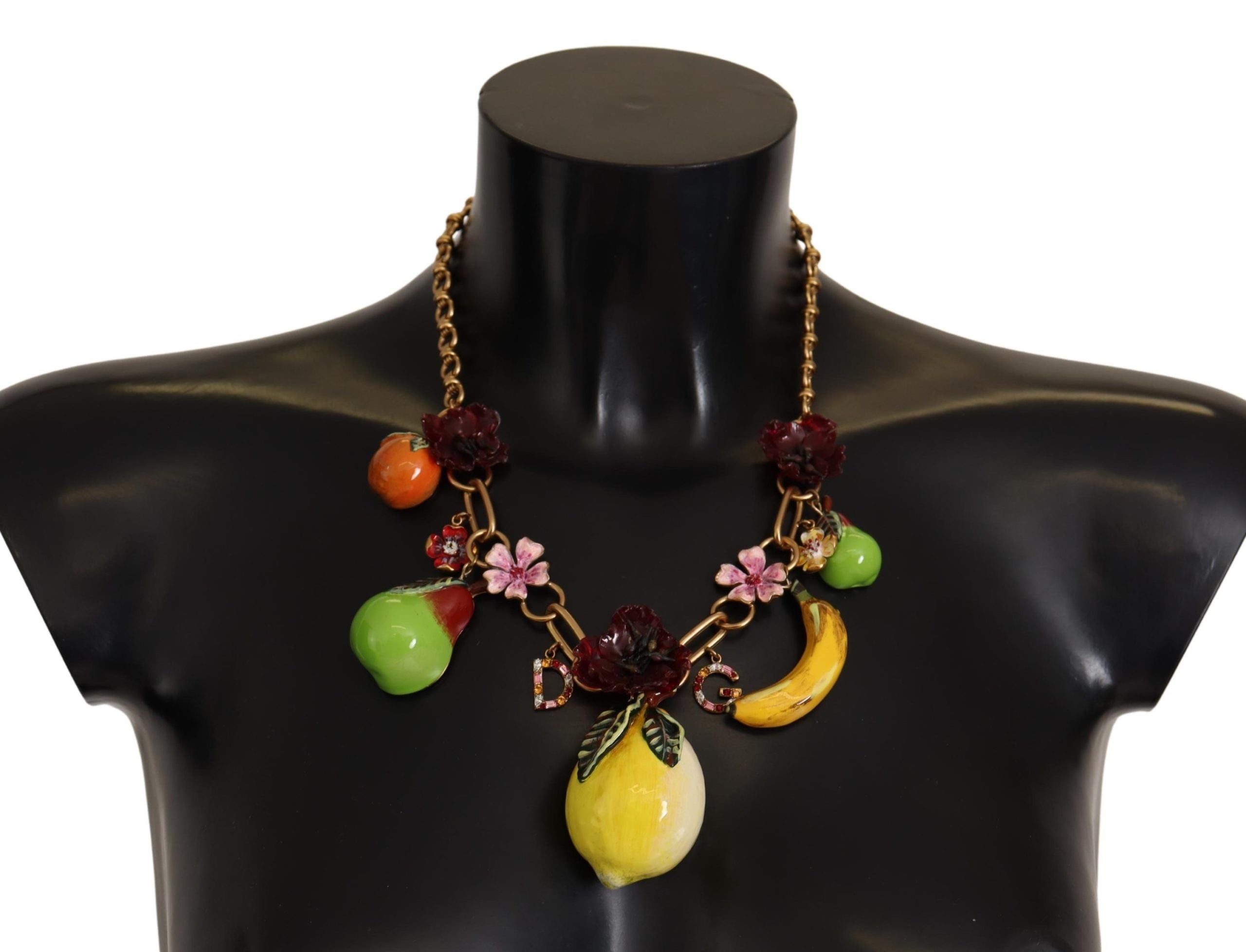 Gold Brass Sicily Fruits Roses Statement Necklace - ventzia
