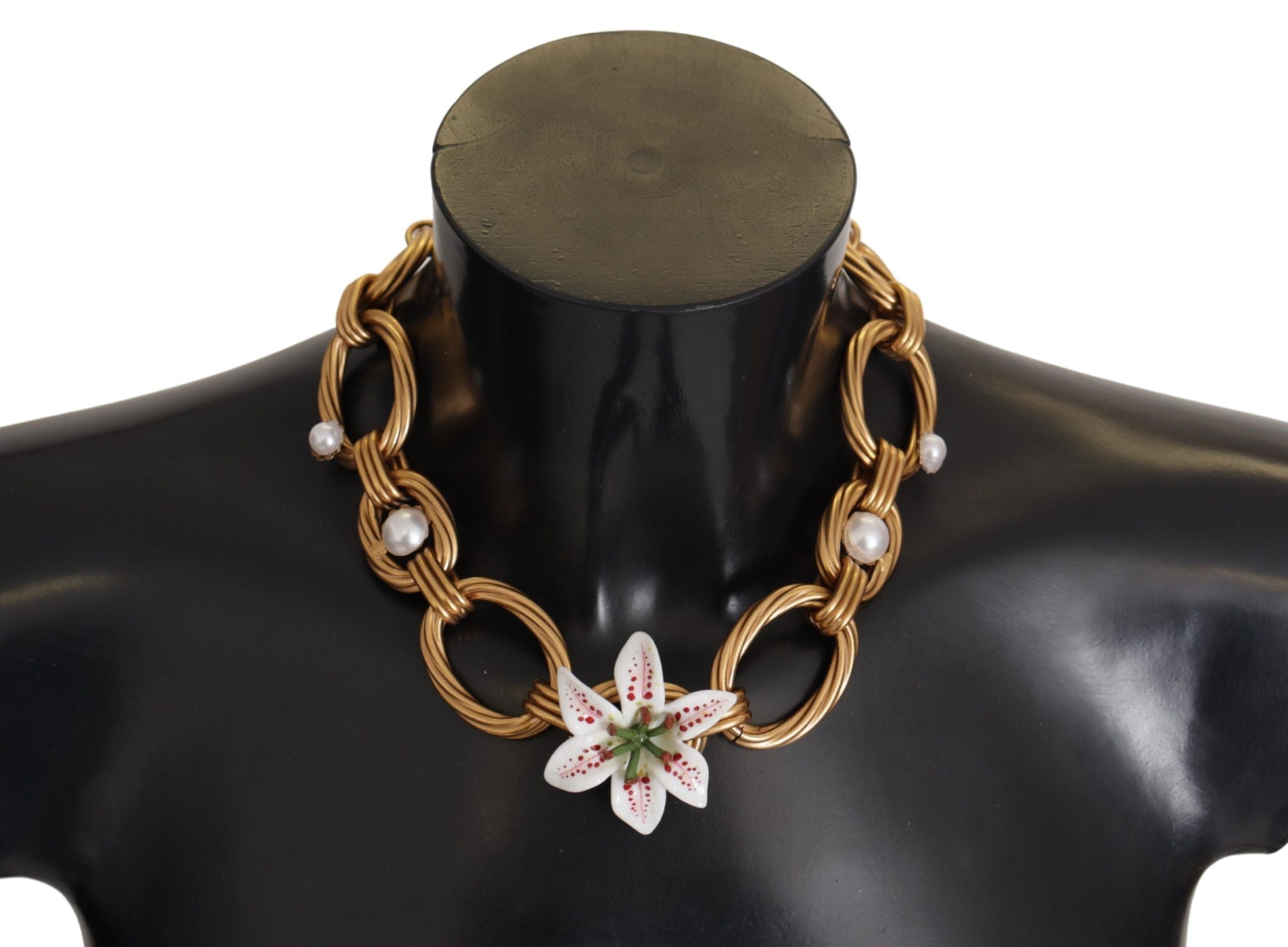 Gold White Lily Floral Chain Statement Necklace - ventzia