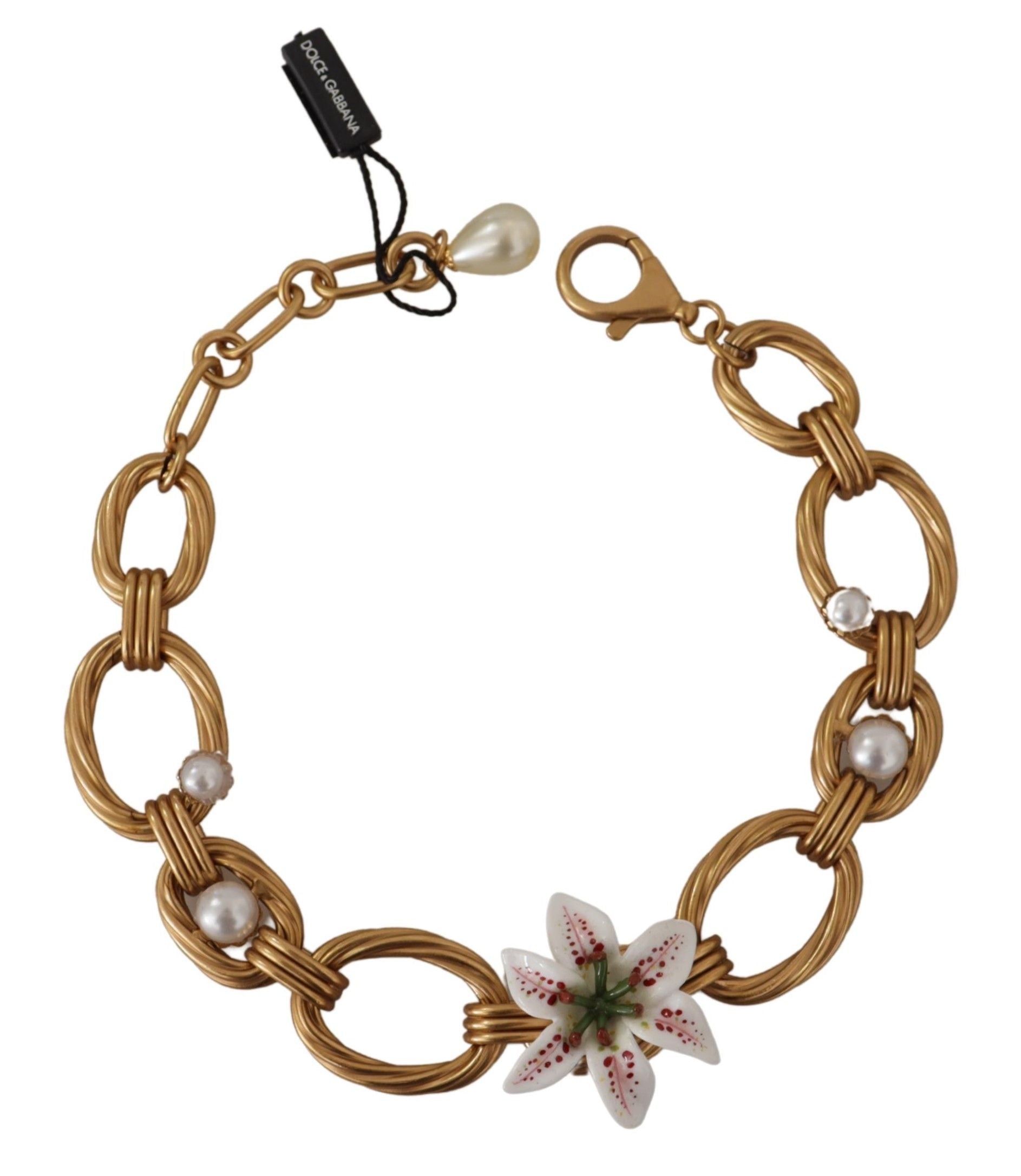 Gold White Lily Floral Chain Statement Necklace - ventzia