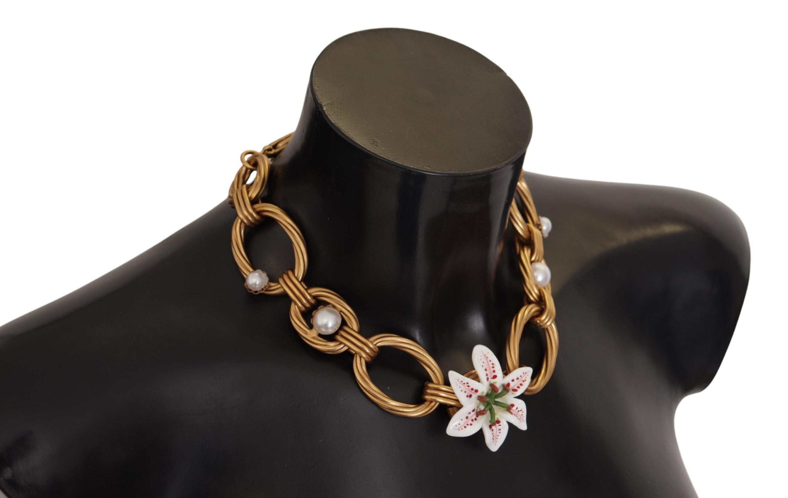 Gold White Lily Floral Chain Statement Necklace - ventzia