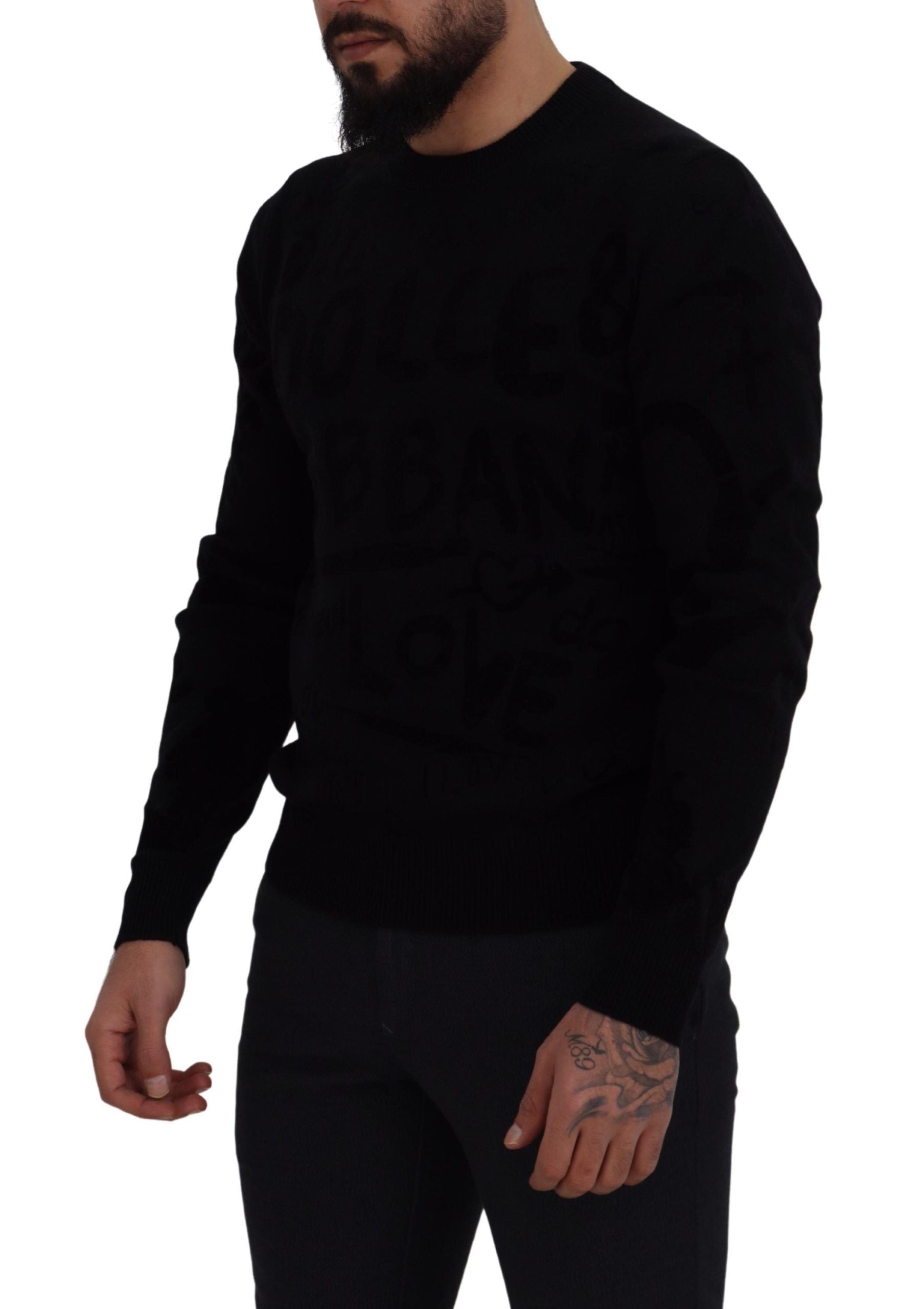 Black Wool Logo Pattern Crewneck Pullover Sweater - ventzia