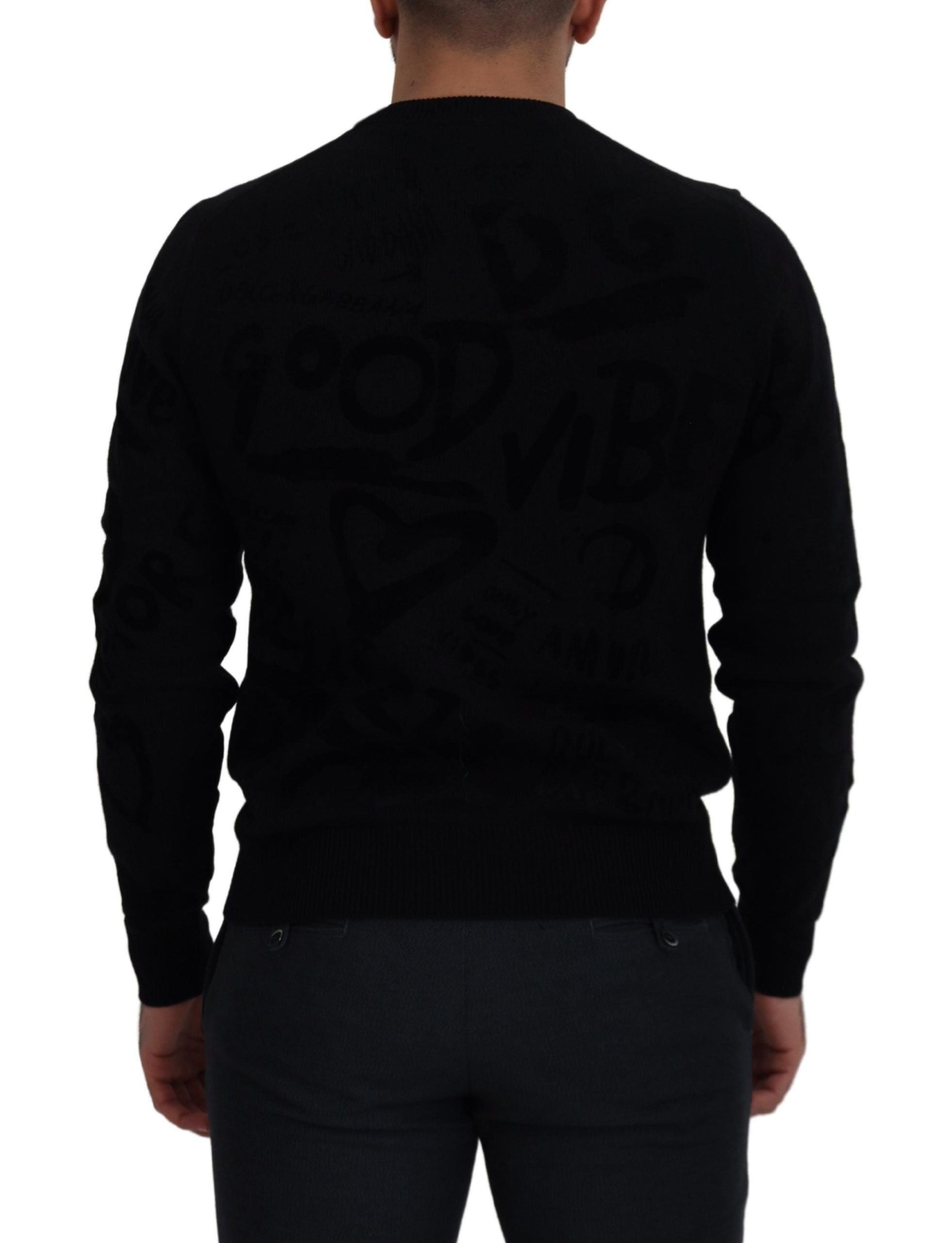 Black Wool Logo Pattern Crewneck Pullover Sweater - ventzia