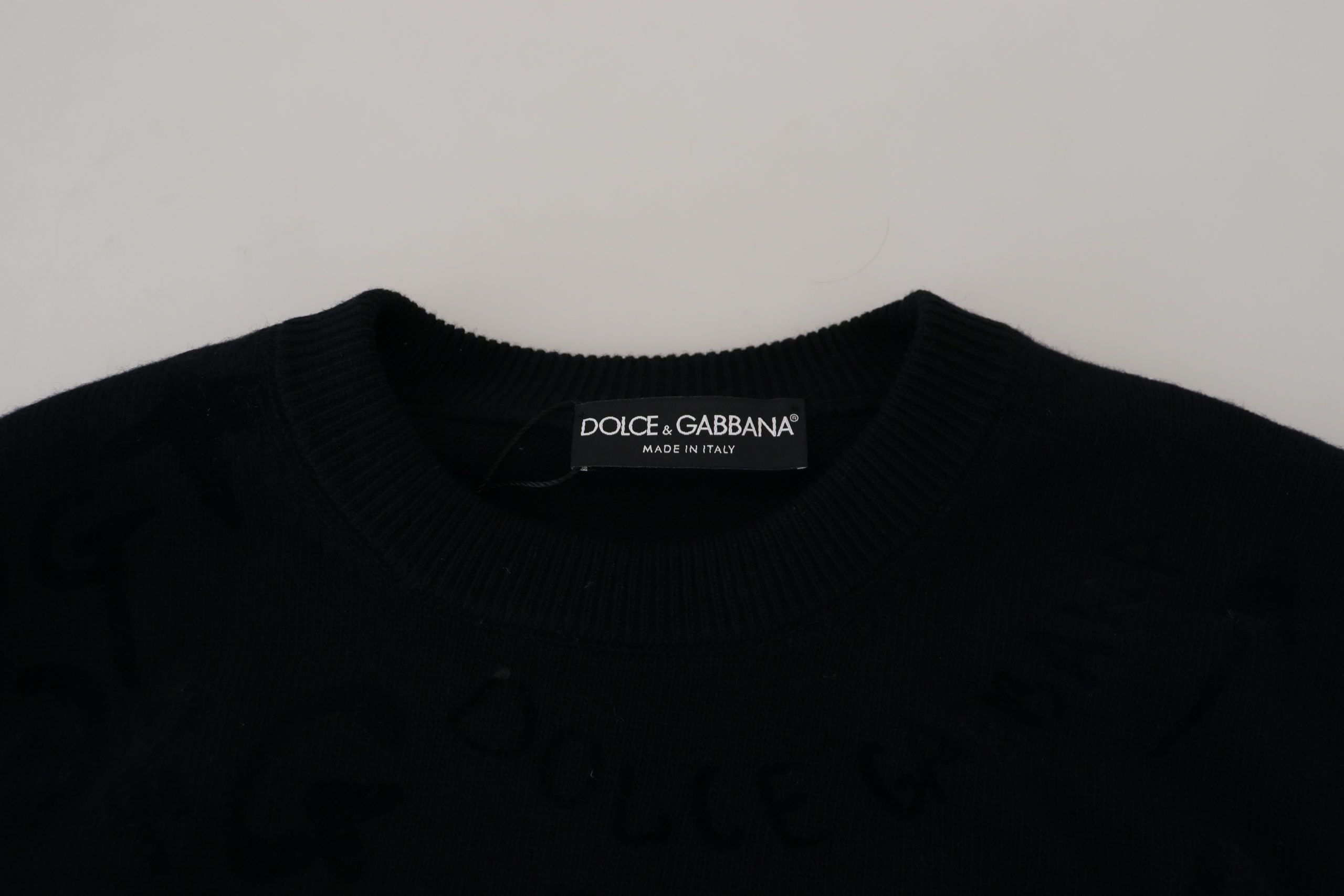 Black Wool Logo Pattern Crewneck Pullover Sweater - ventzia