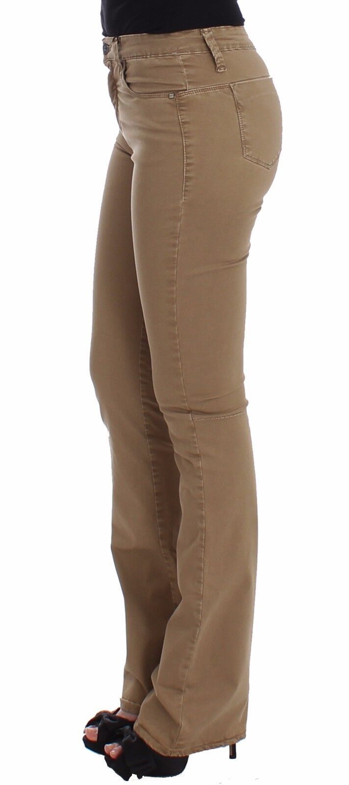 Beige Straight Leg Denim Pants Stretch Jeans - ventzia