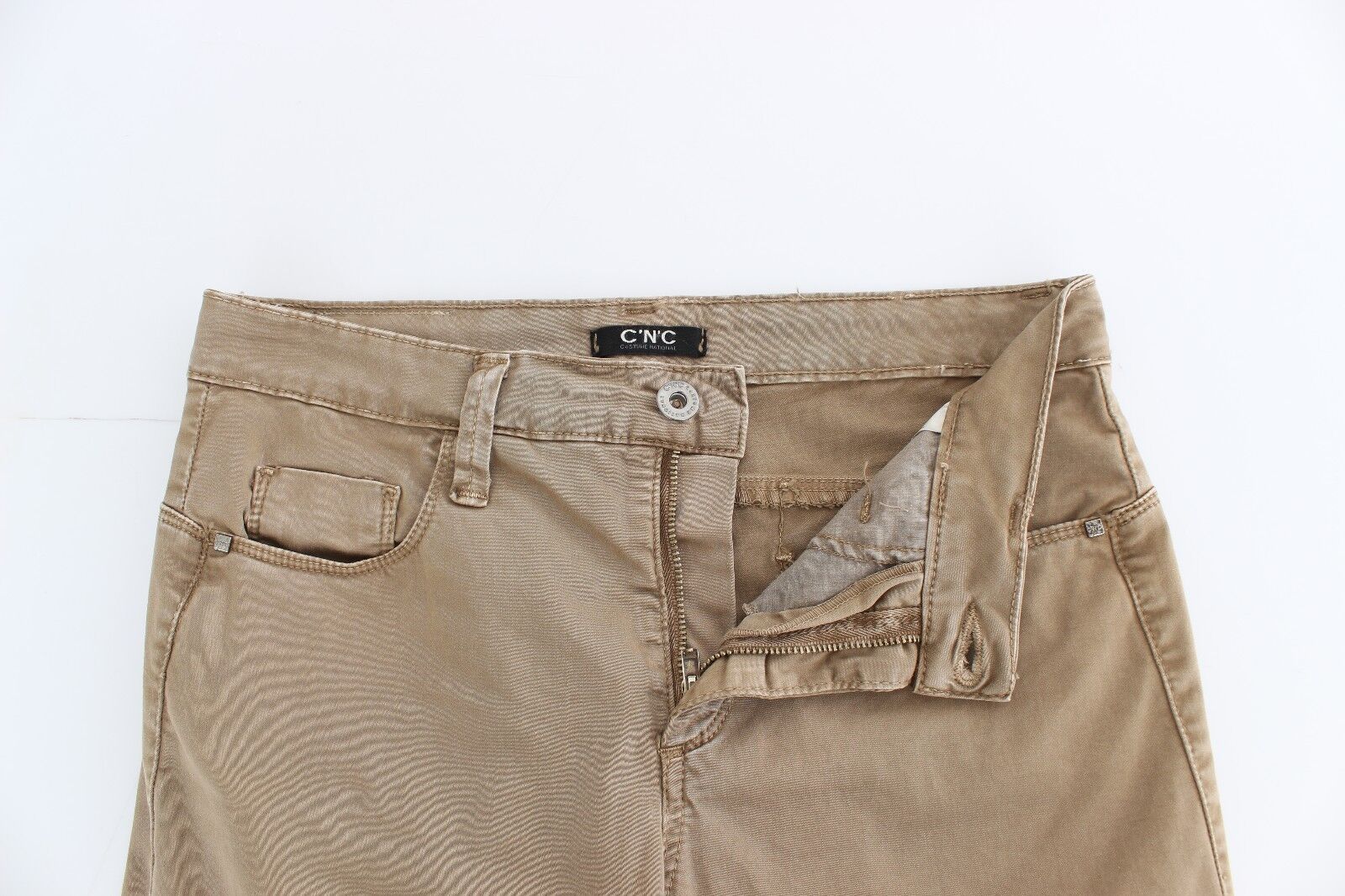 Beige Straight Leg Denim Pants Stretch Jeans - ventzia