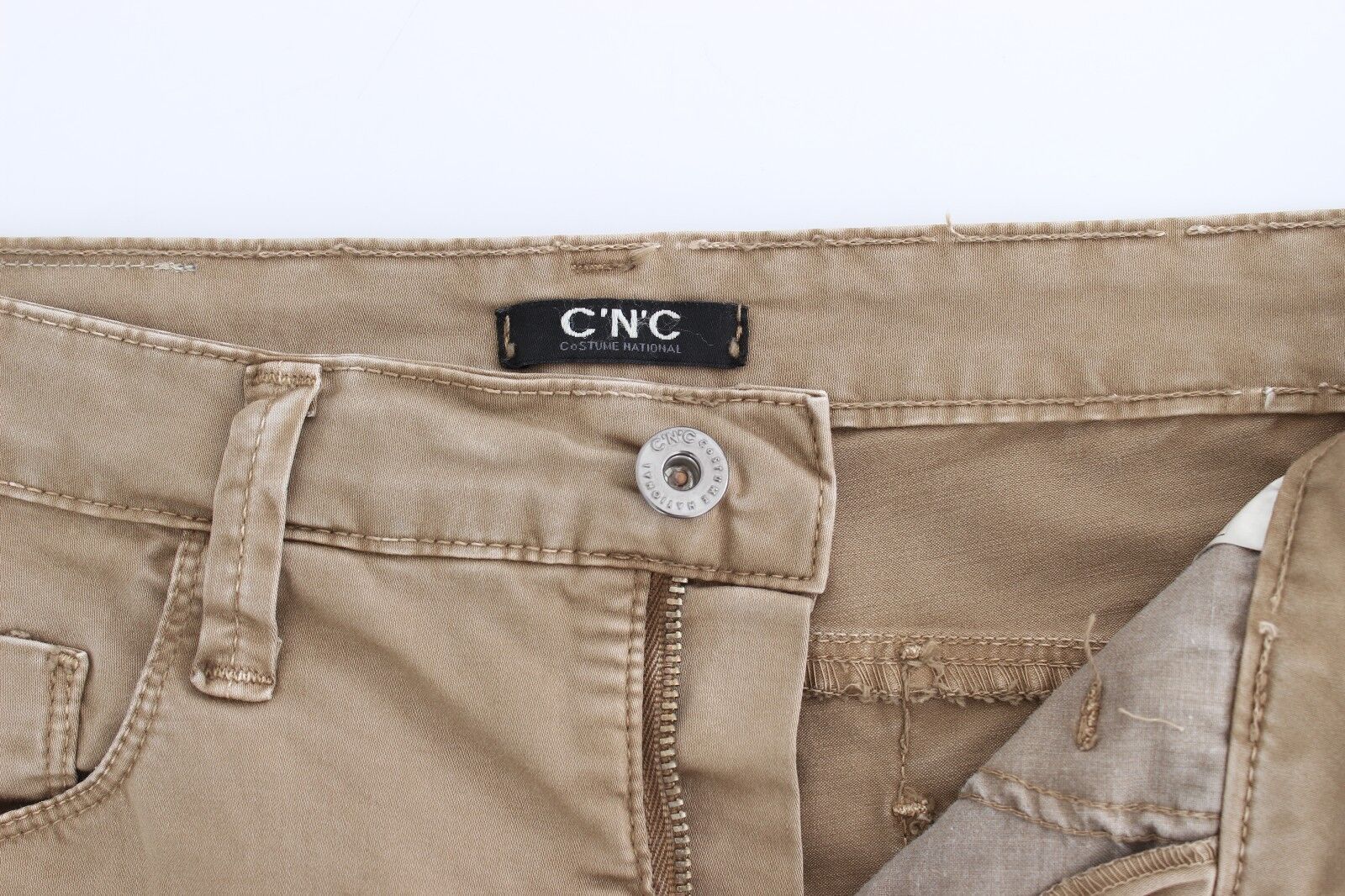 Beige Straight Leg Denim Pants Stretch Jeans - ventzia