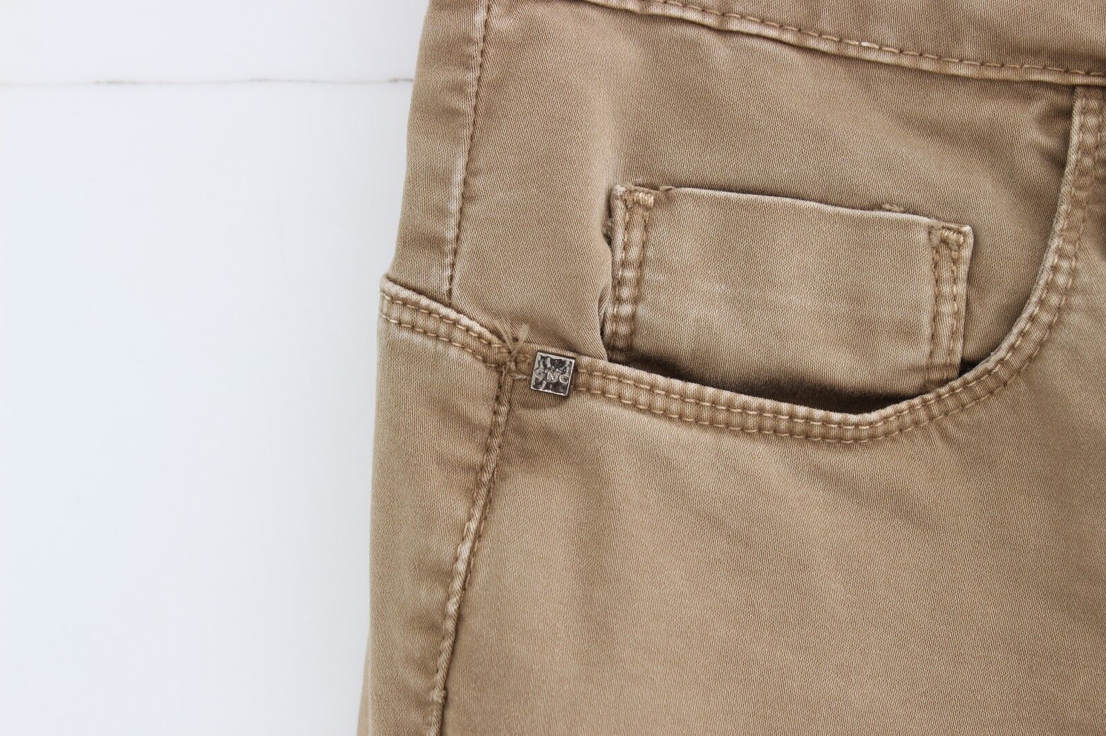 Beige Straight Leg Denim Pants Stretch Jeans - ventzia