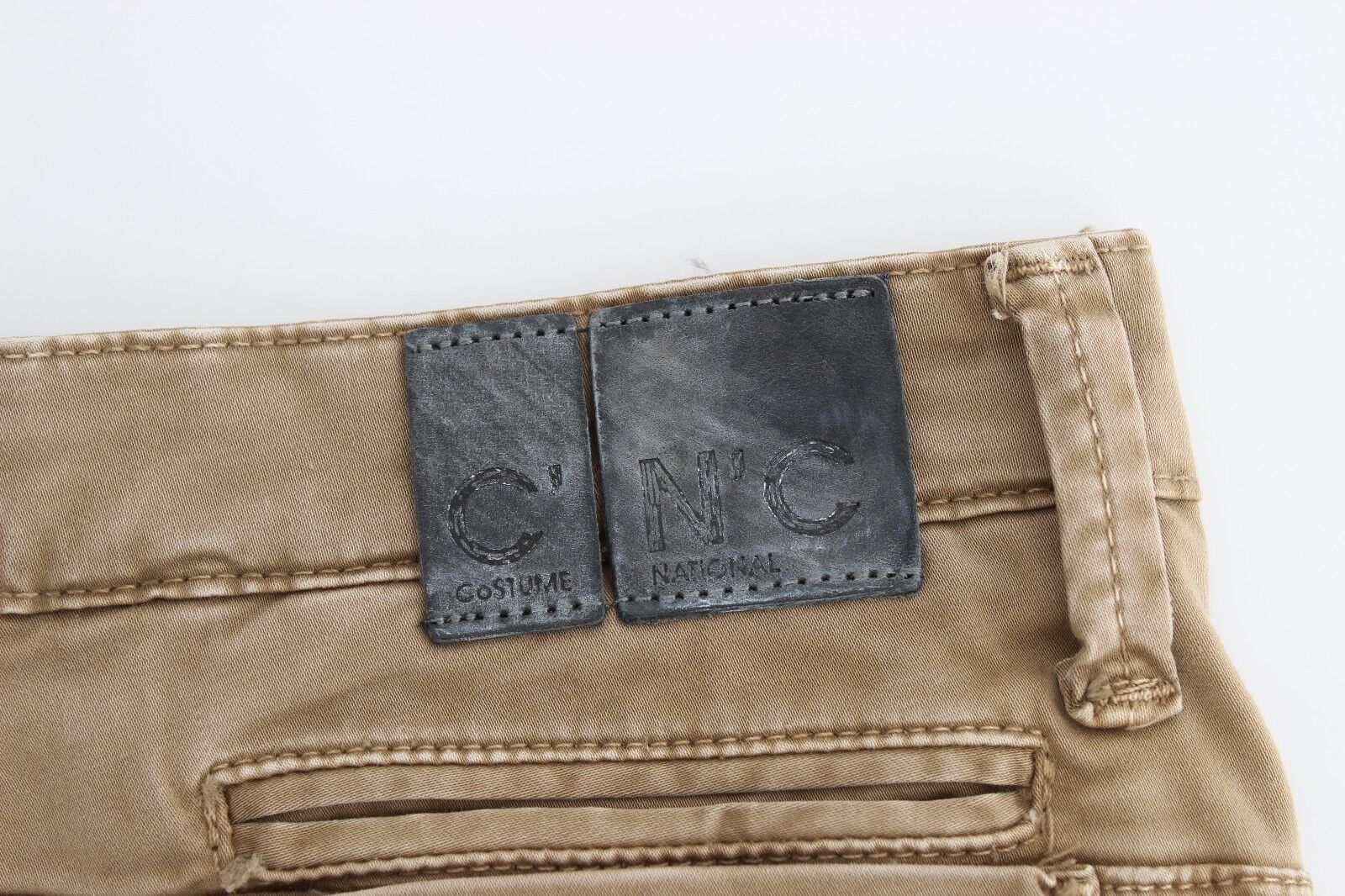 Beige Straight Leg Denim Pants Stretch Jeans - ventzia