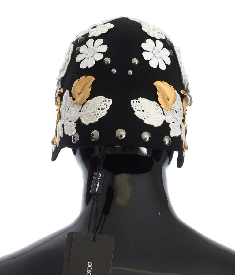 Elegant Black Floral Wool Cloche Hat - ventzia