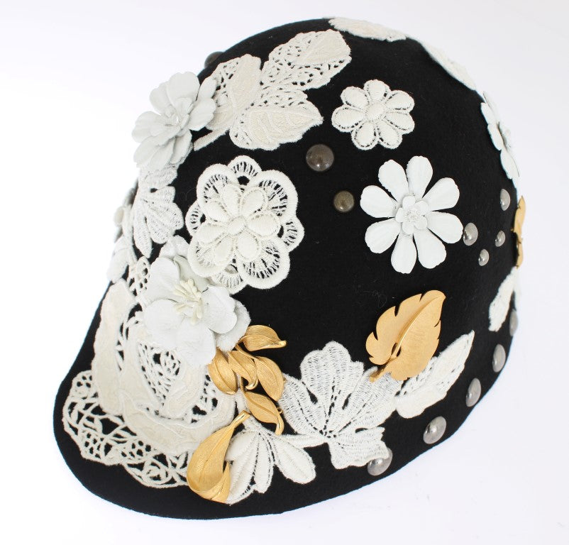 Elegant Black Floral Wool Cloche Hat - ventzia