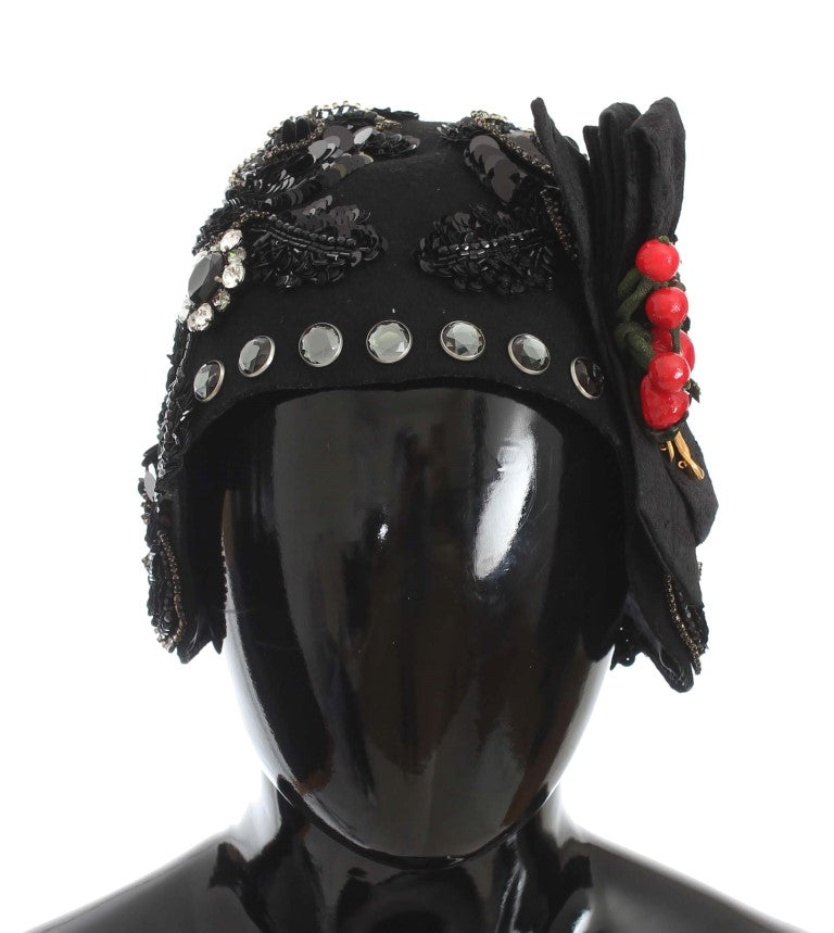 Elegant Black Crystal-Adorned Cloche Hat - ventzia