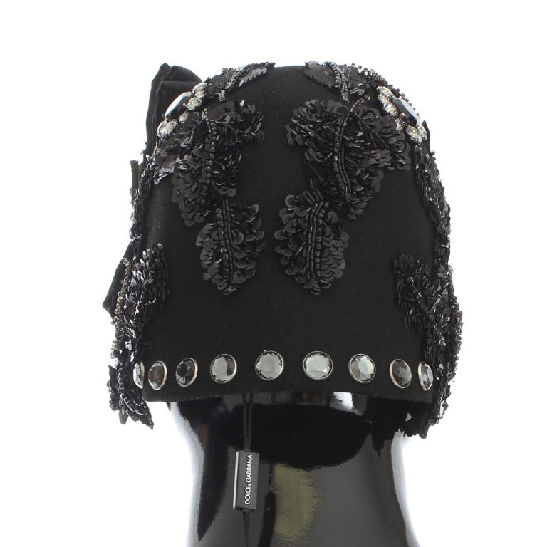 Elegant Black Crystal-Adorned Cloche Hat - ventzia