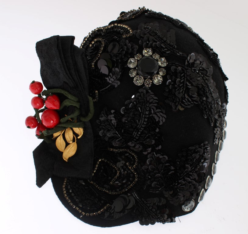 Elegant Black Crystal-Adorned Cloche Hat - ventzia