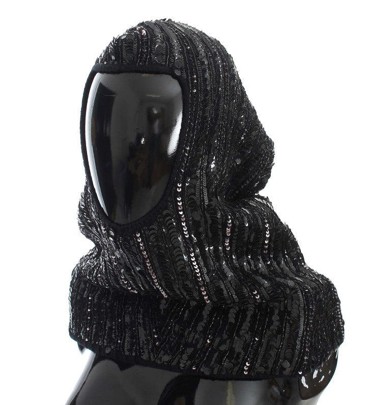Elegant Black Sequined Hooded Scarf Wrap - ventzia