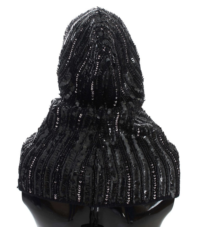 Elegant Black Sequined Hooded Scarf Wrap - ventzia