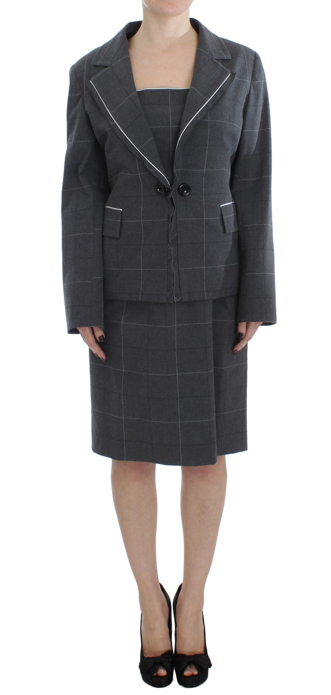 Elegant Gray Checkered Sheath Suit Set - ventzia