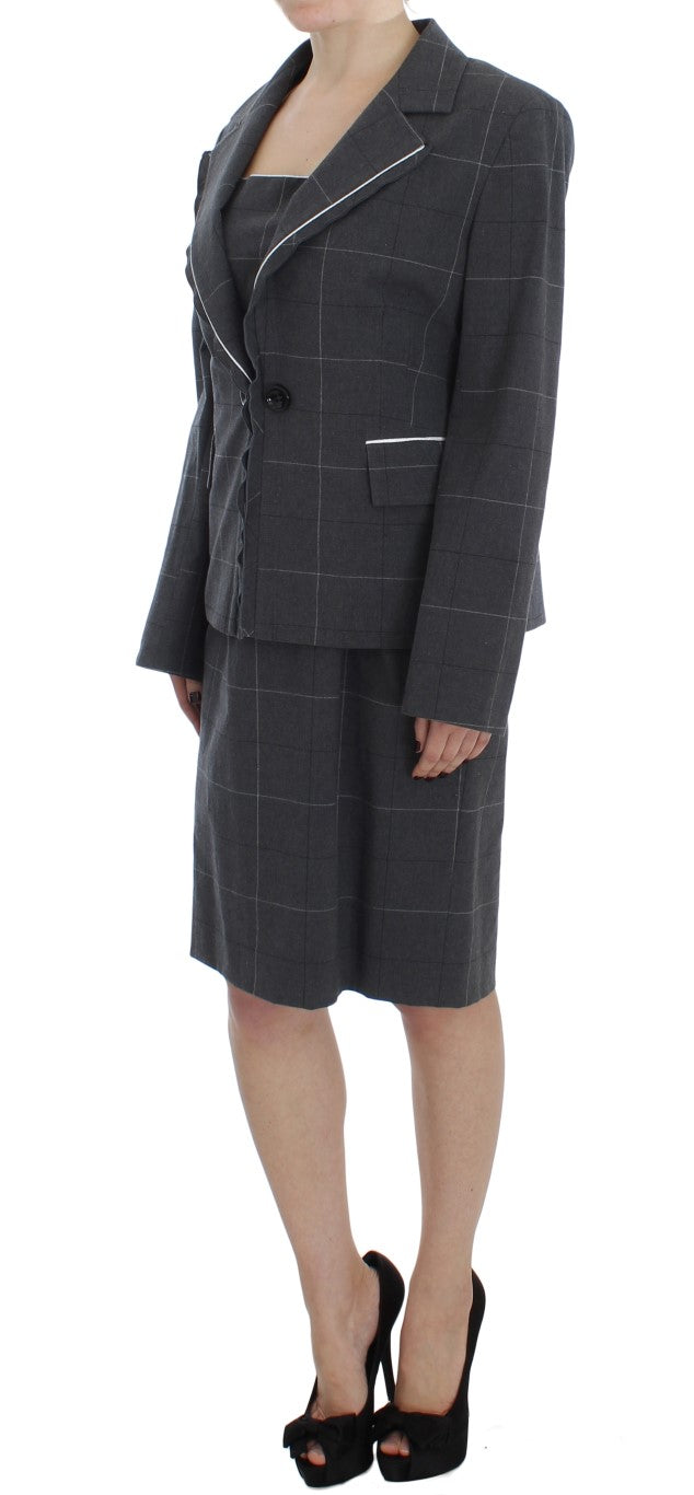 Elegant Gray Checkered Sheath Suit Set - ventzia