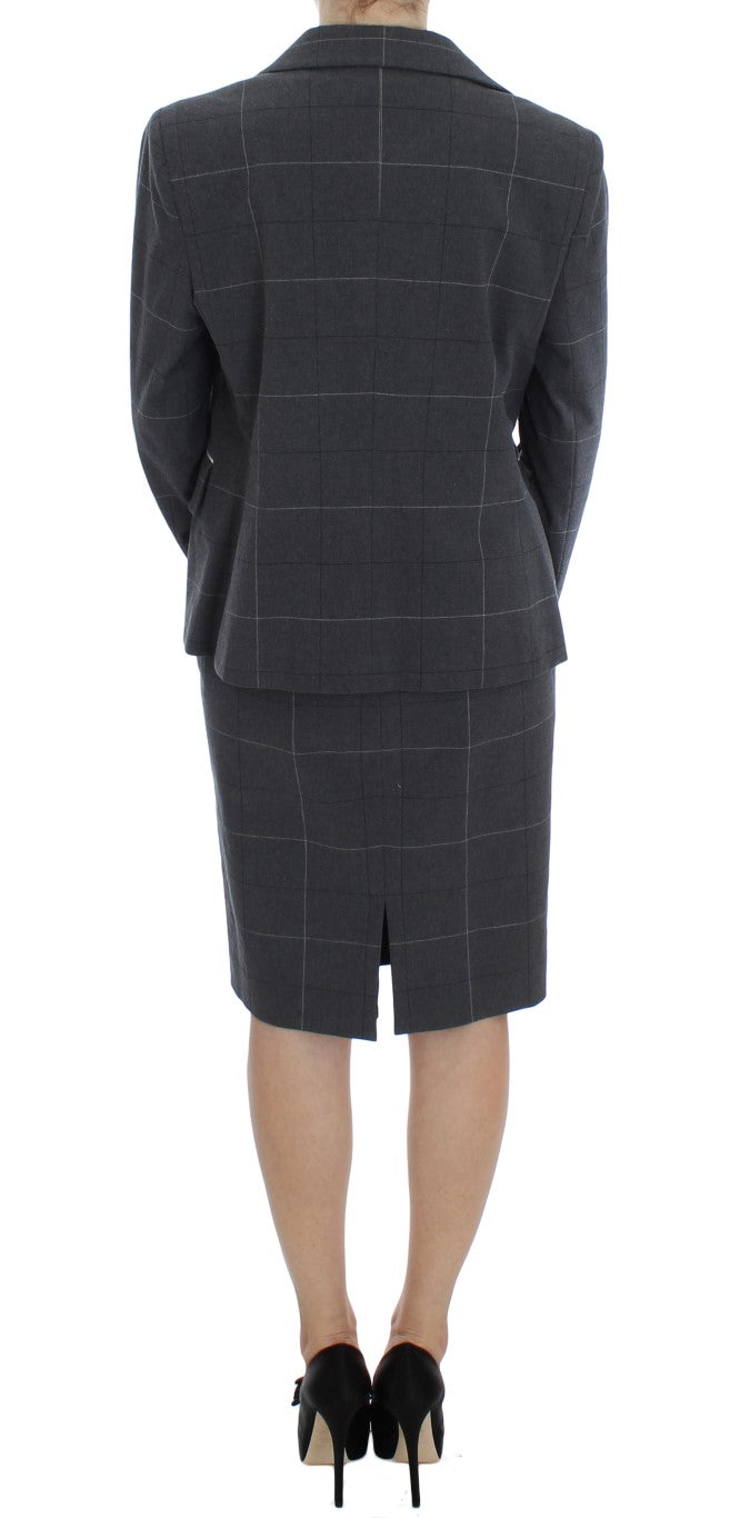 Elegant Gray Checkered Sheath Suit Set - ventzia