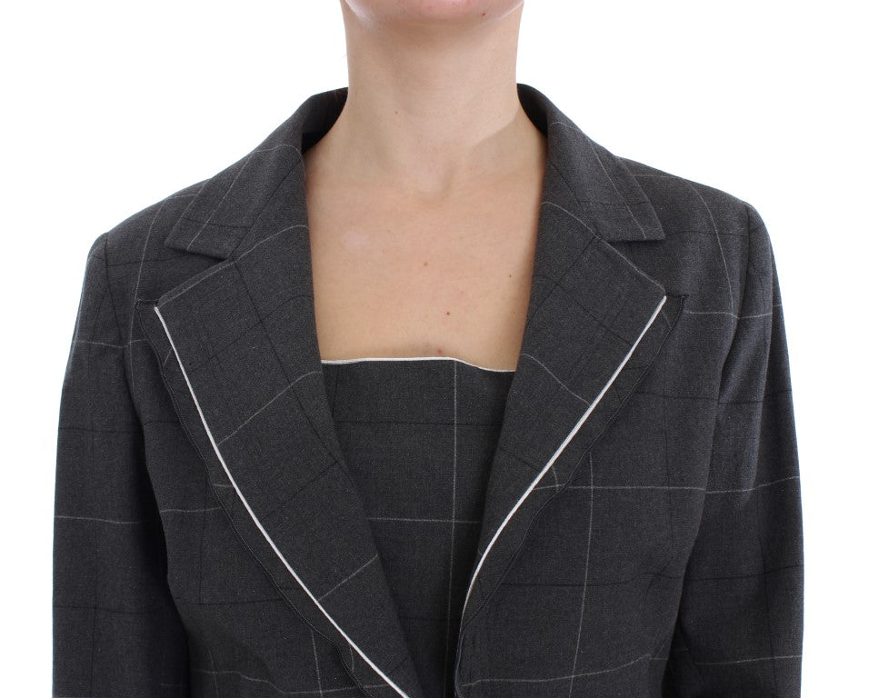Elegant Gray Checkered Sheath Suit Set - ventzia