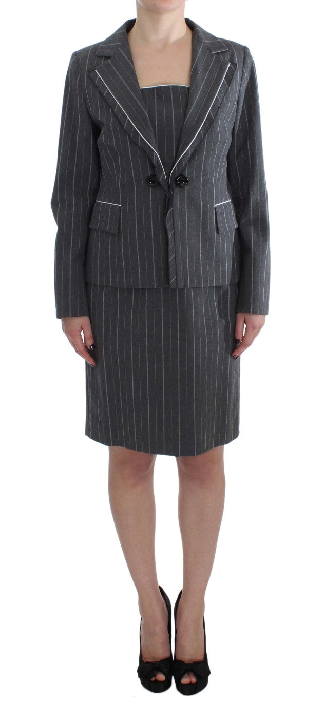 Elegant Gray Striped Dress & Blazer Suit Set - ventzia