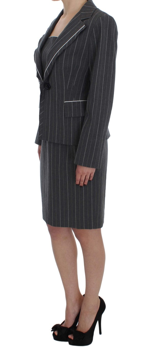 Elegant Gray Striped Dress & Blazer Suit Set - ventzia