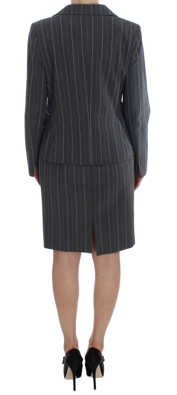 Elegant Gray Striped Dress & Blazer Suit Set - ventzia