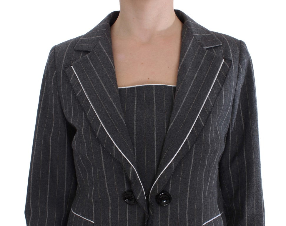 Elegant Gray Striped Dress & Blazer Suit Set - ventzia