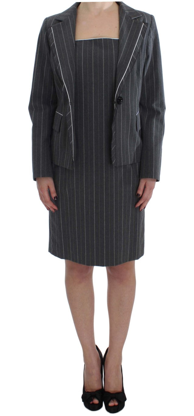Elegant Gray Striped Dress & Blazer Suit Set - ventzia