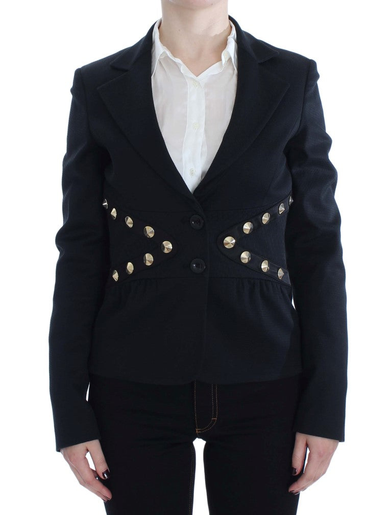 Chic Black Stretch Blazer with Gold Button Detail - ventzia