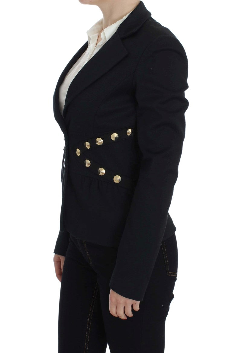 Chic Black Stretch Blazer with Gold Button Detail - ventzia