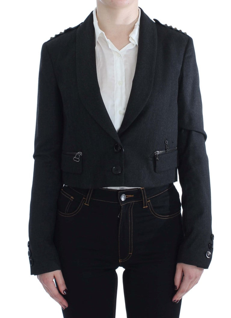 Elegant Gray Gold-Buttoned Blazer Jacket - ventzia