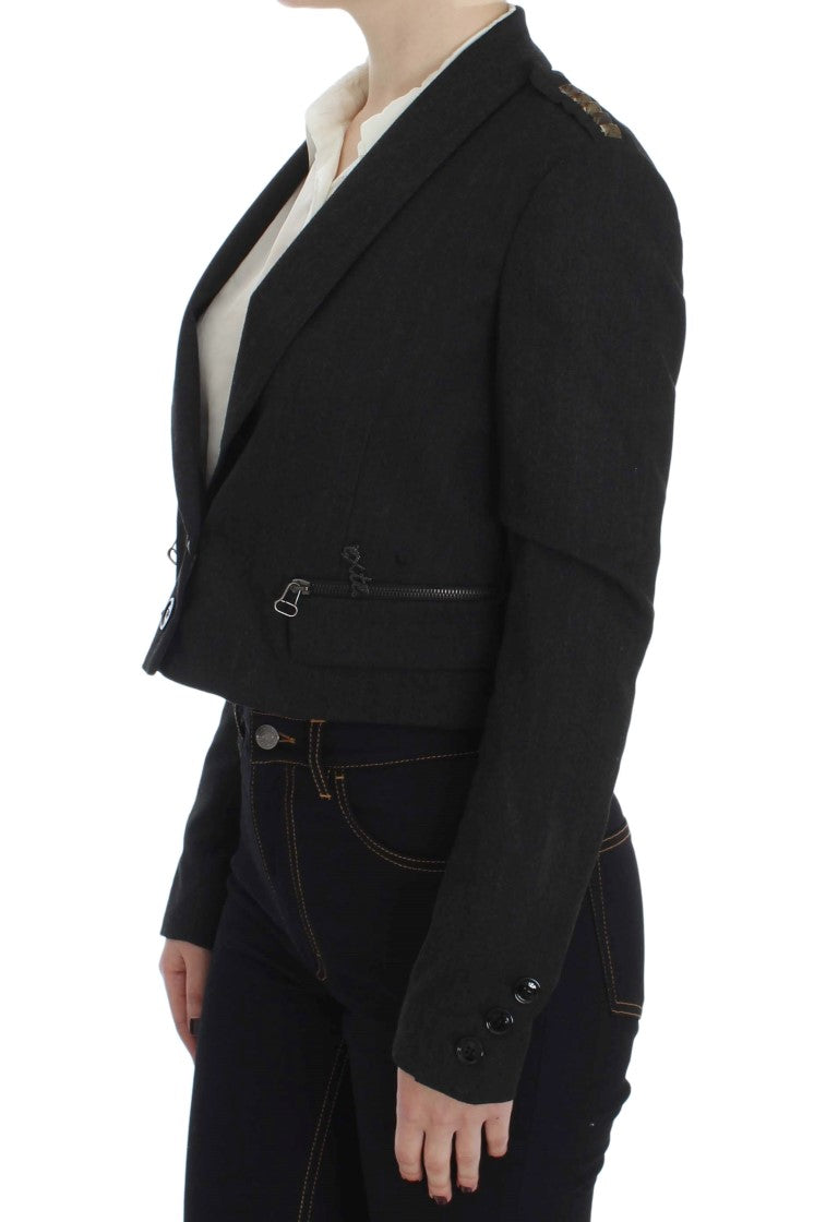 Elegant Gray Gold-Buttoned Blazer Jacket - ventzia