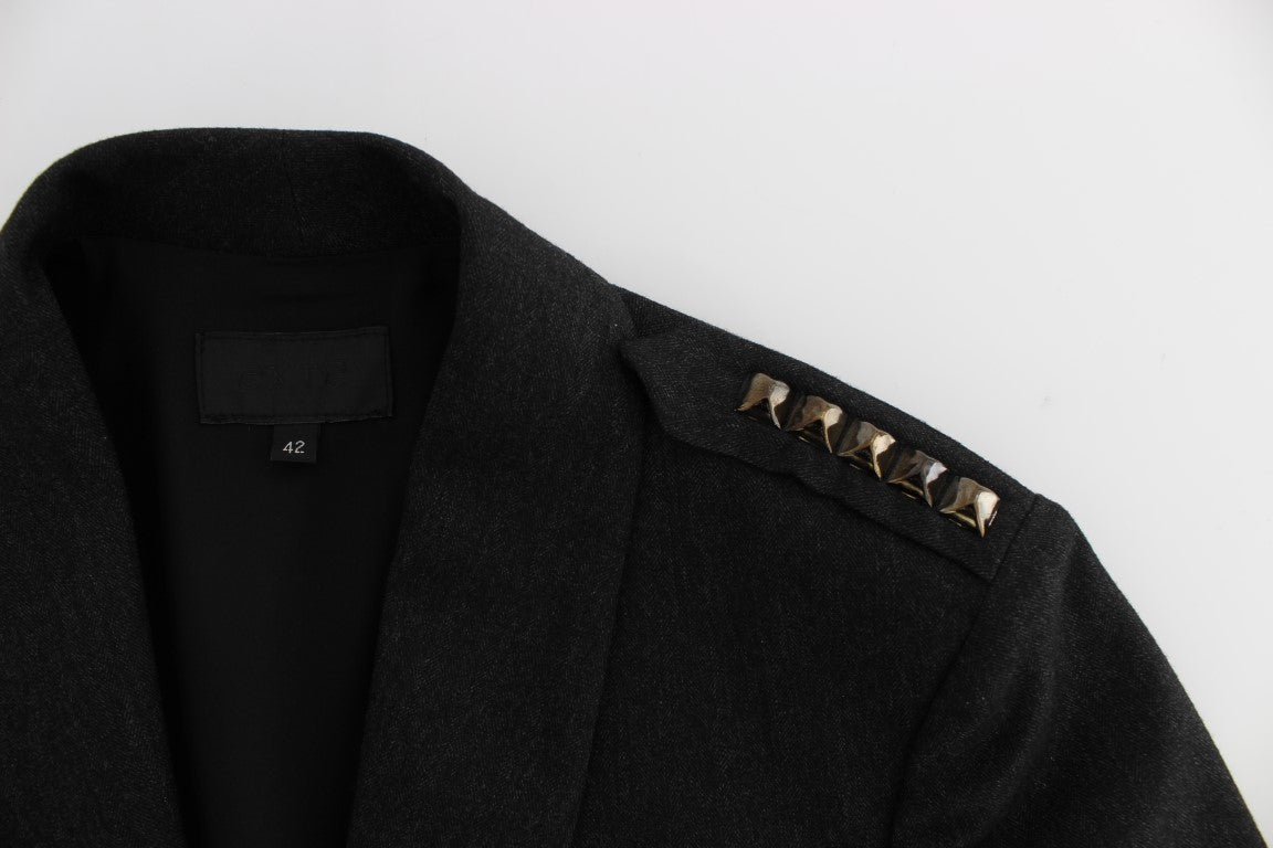 Elegant Gray Gold-Buttoned Blazer Jacket - ventzia