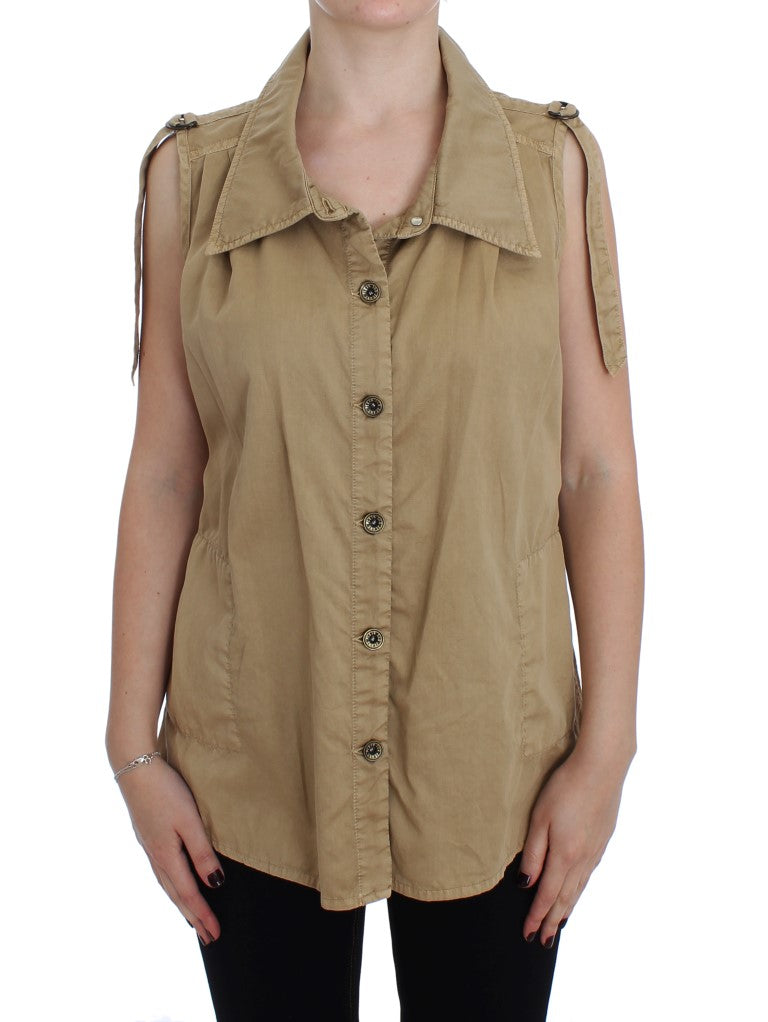 Beige Sleeveless Cotton Blouse - ventzia
