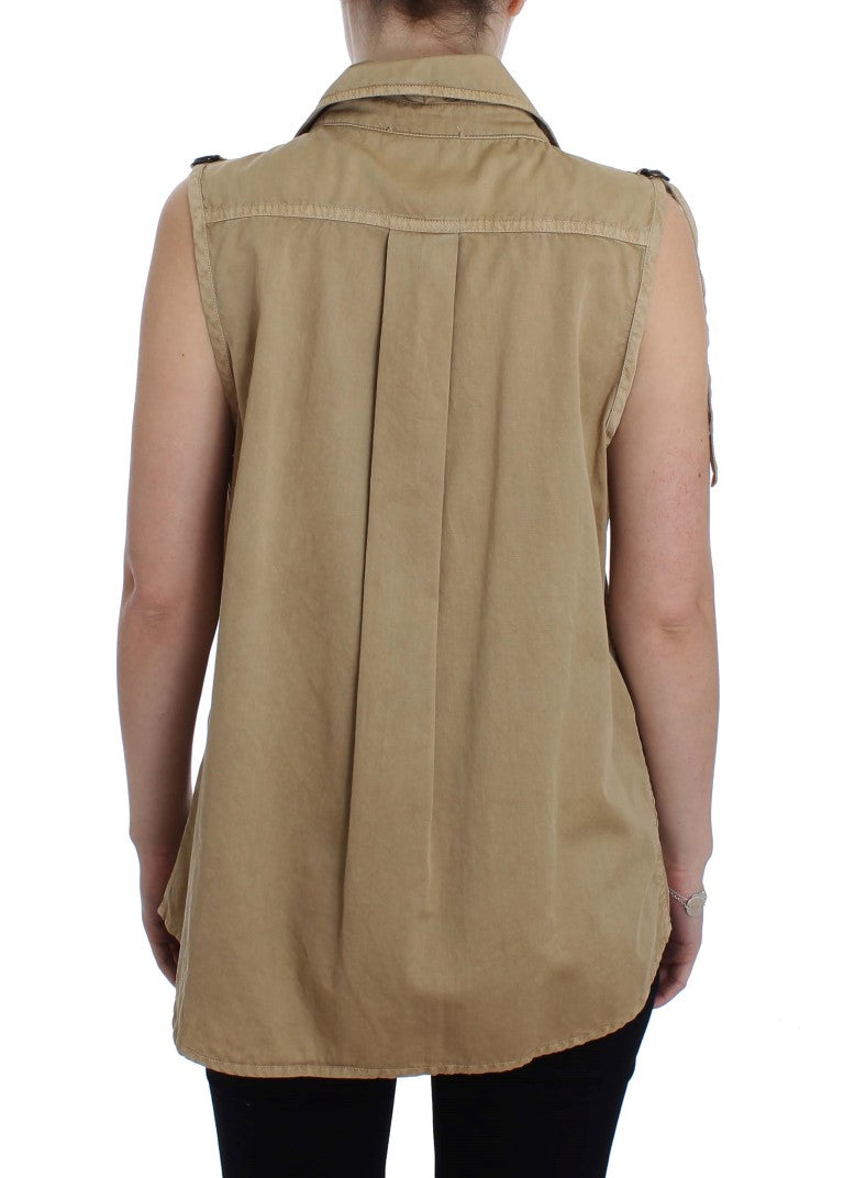 Beige Sleeveless Cotton Blouse - ventzia