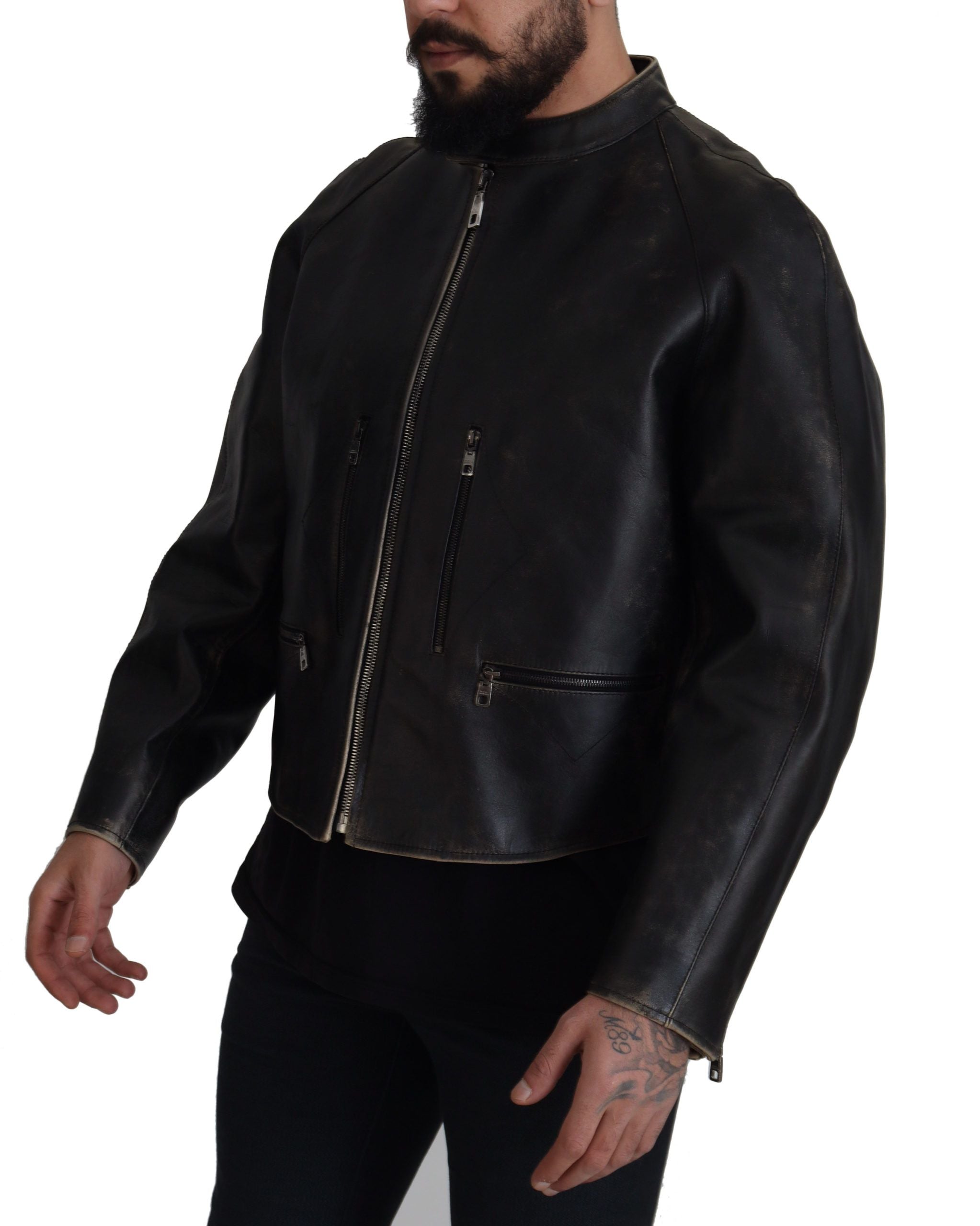 Black Leather Zipper Biker Coat Jacket - ventzia
