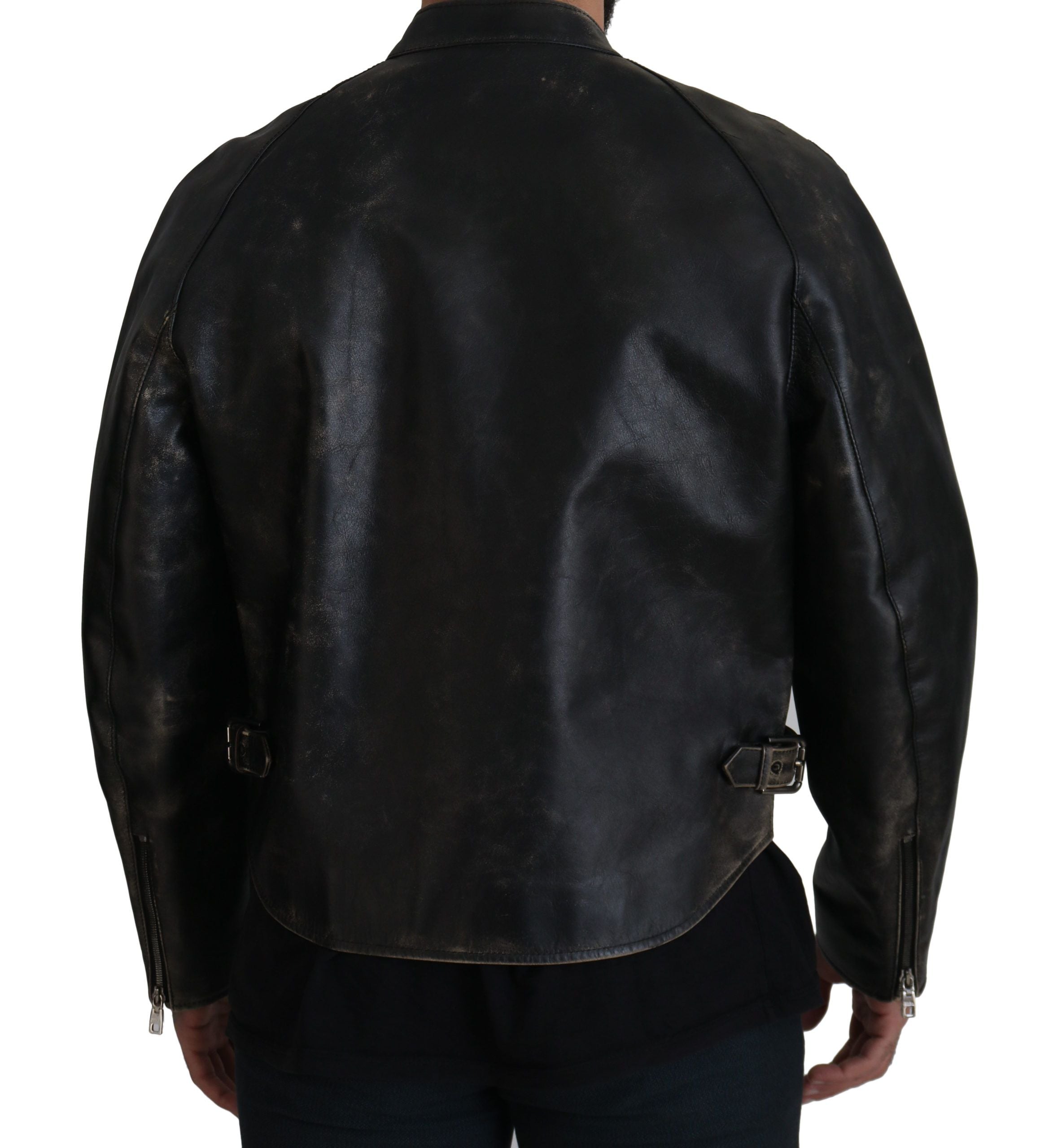 Black Leather Zipper Biker Coat Jacket - ventzia