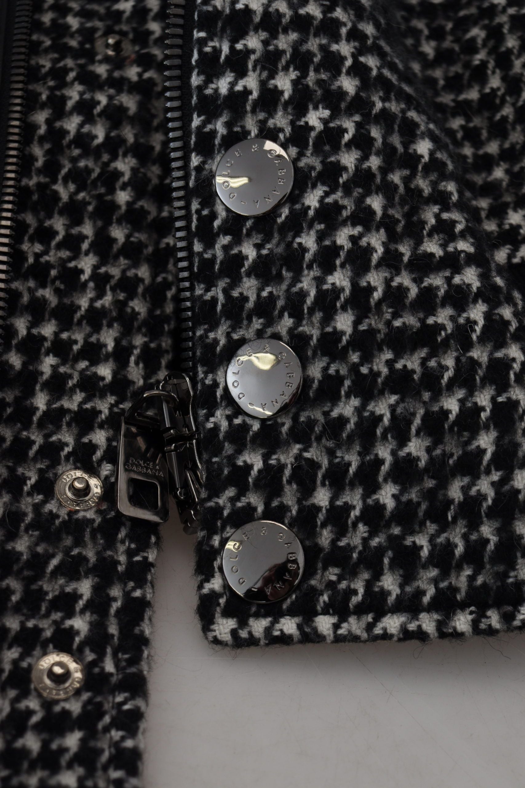 Black Houndstooth Polyester Bomber Jacket - ventzia