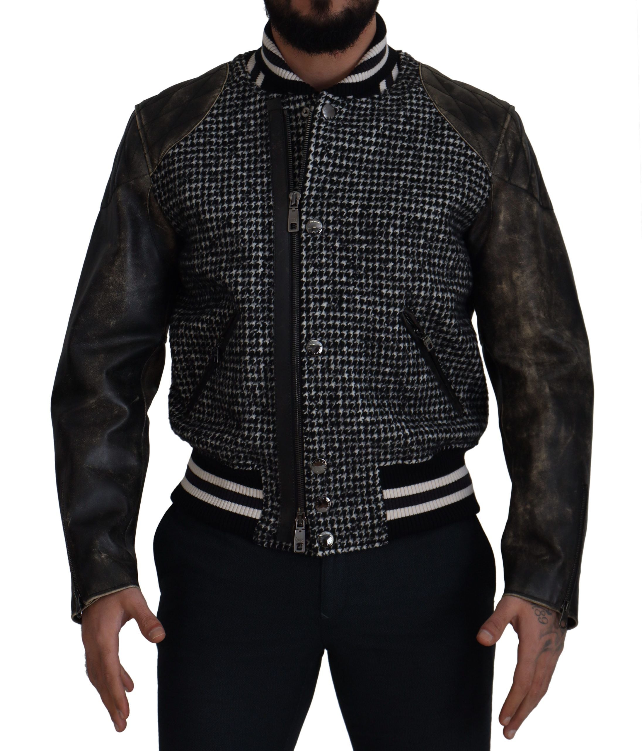 Black Houndstooth Polyester Bomber Jacket - ventzia