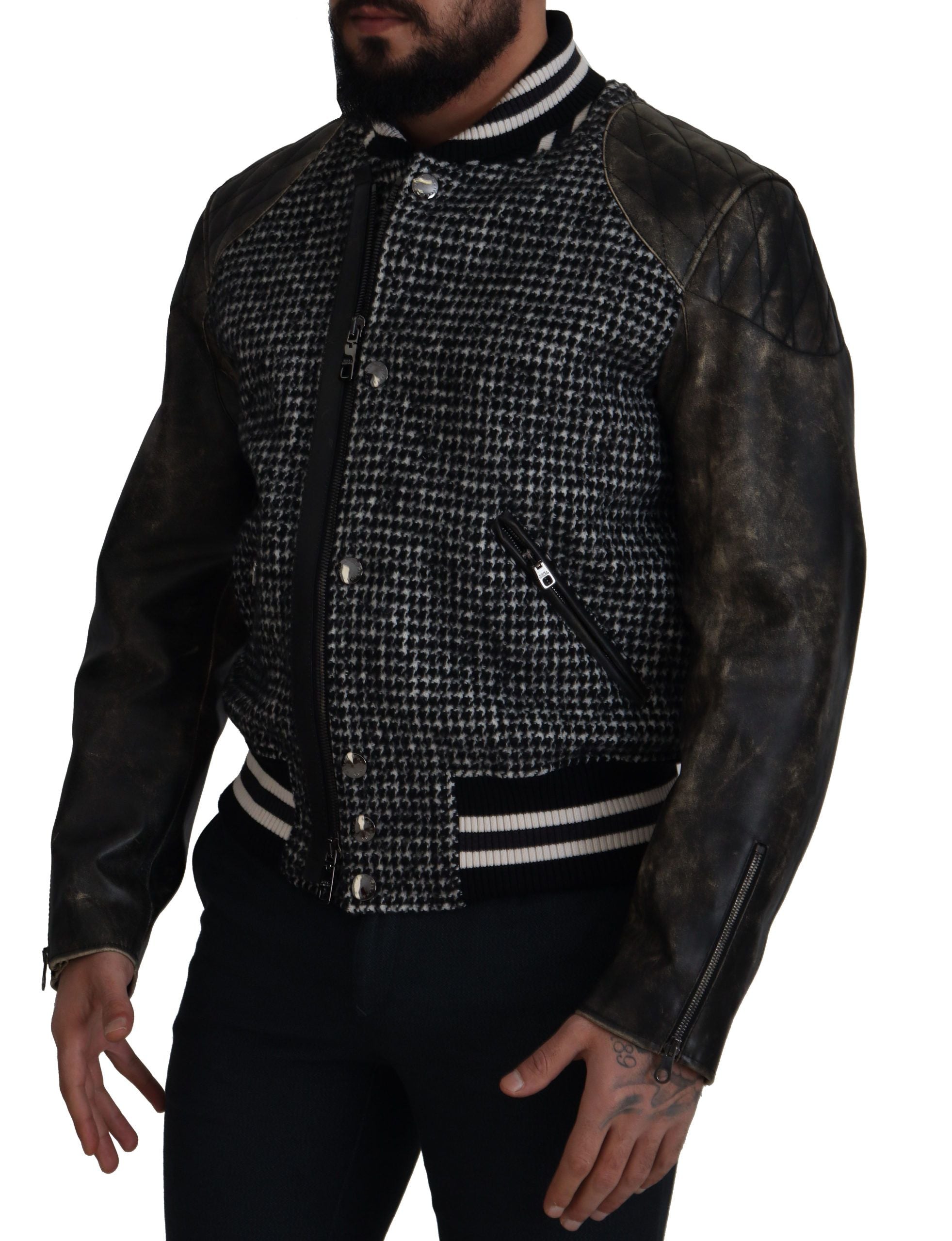 Black Houndstooth Polyester Bomber Jacket - ventzia