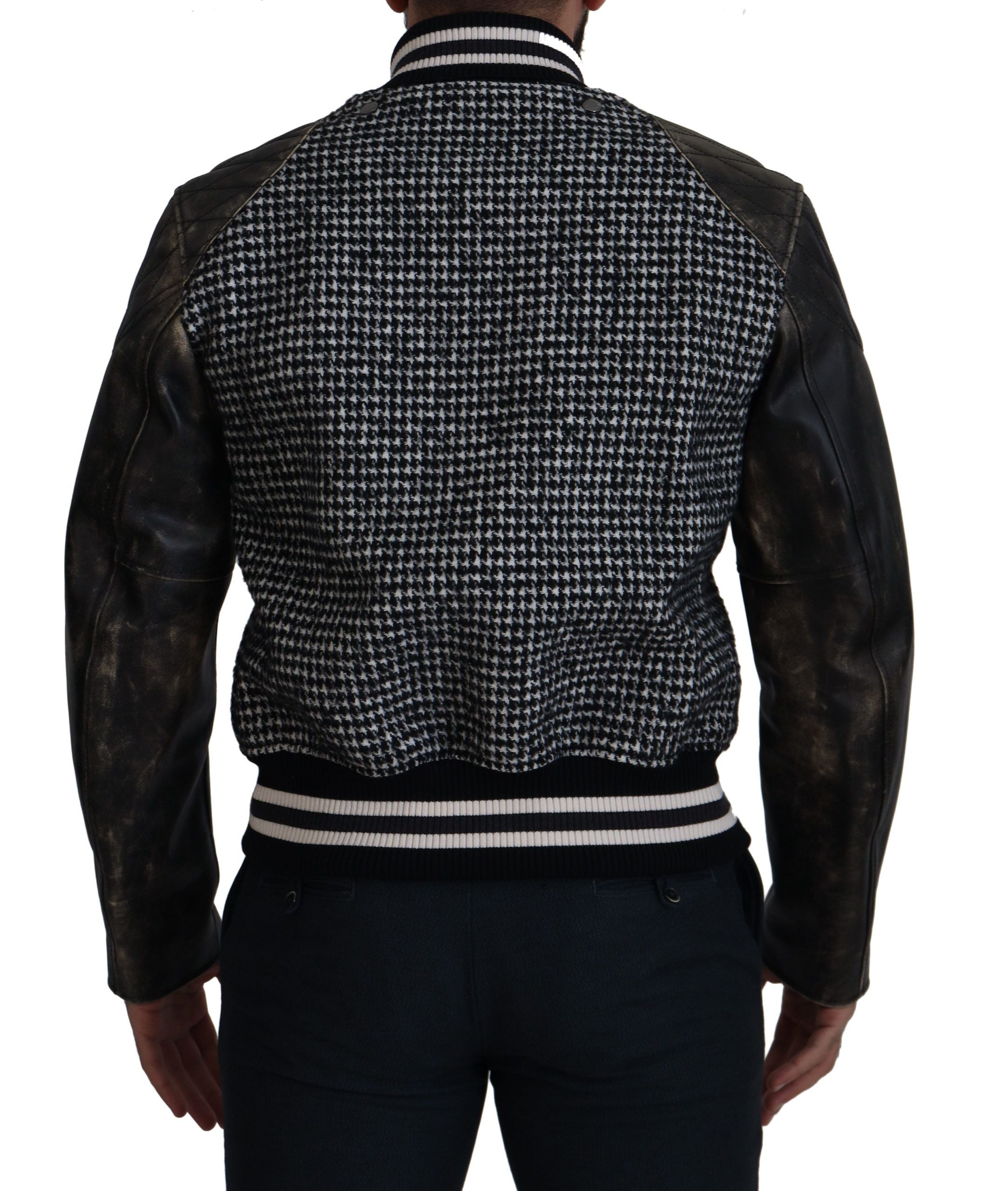 Black Houndstooth Polyester Bomber Jacket - ventzia